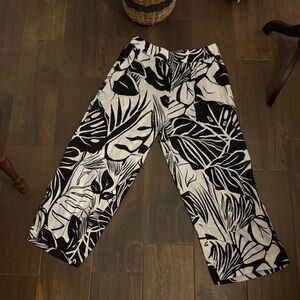Black and White Leaf Print Women's linen wide leg pants with black cotton tank